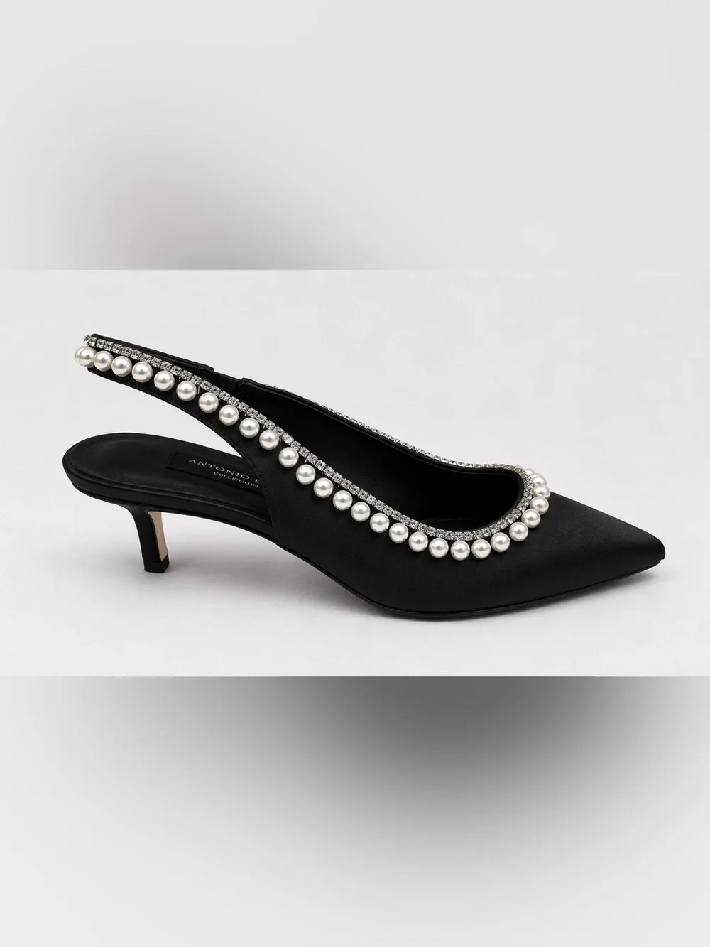 Antonio Melani Black Satin Slingback Heels Pearl Rhinestone Pointed Toe Pumps